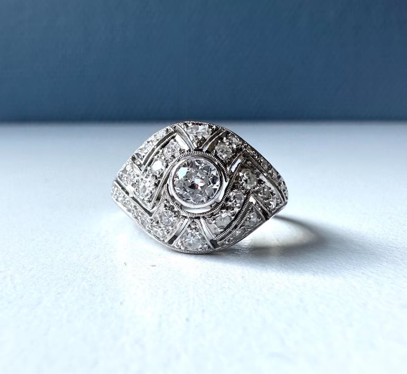 Art Deco Style Round Cut Lab Created Diamond 14K White Gold FN Engagement Ring