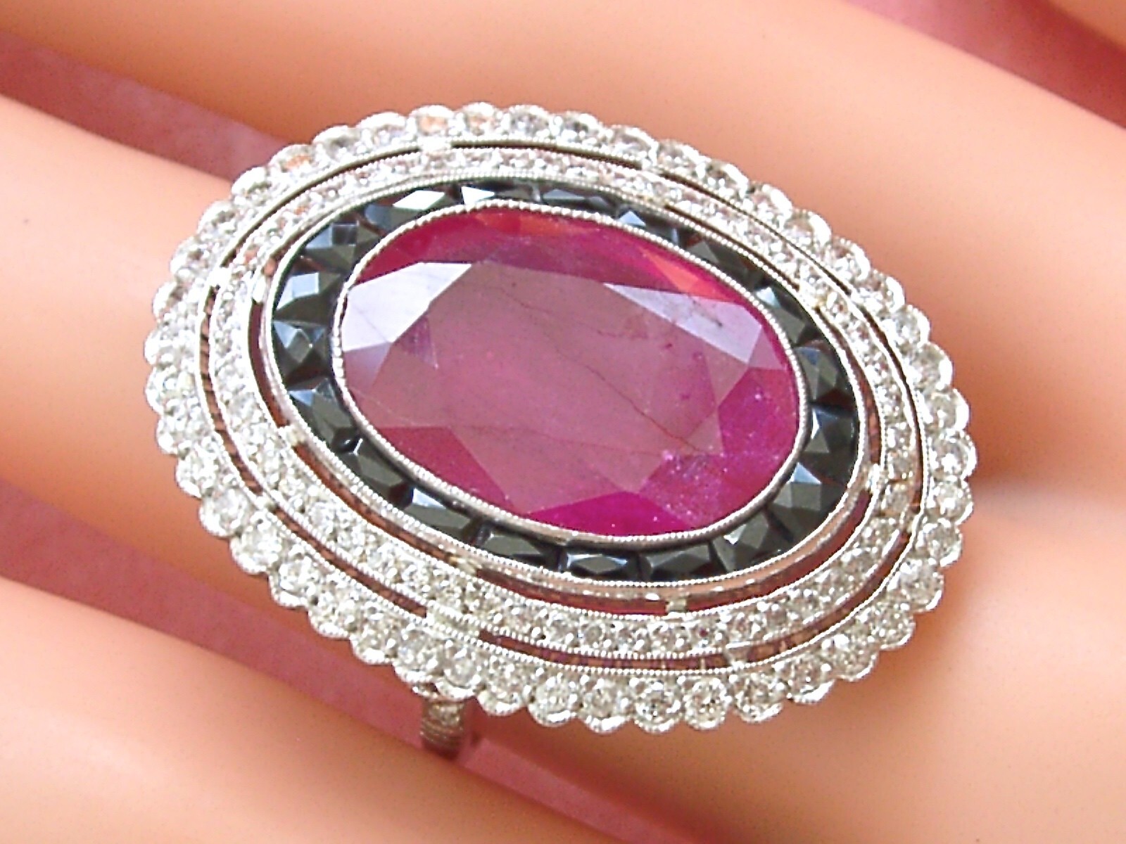 ESTATE ART DECO 12ct RUBY 1.4ctw DIAMOND BLACK SPINEL PLATINUM BIG COCKTAIL RING