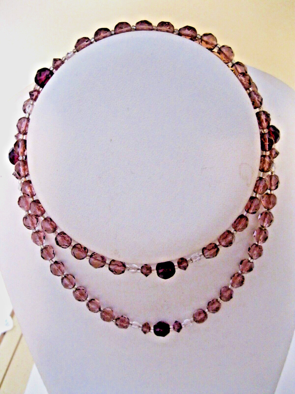 Amethyst Crystal Necklace Gold fill Clasp 28″ Long Vintage