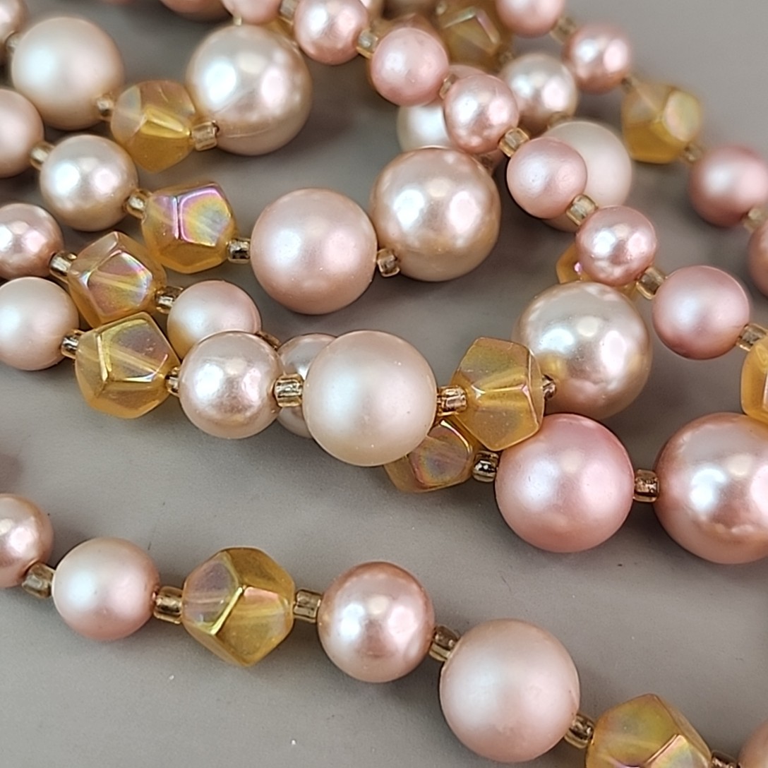 Vintage Faux Pearl Beaded Necklace Cream Pink Acrylic AB Yellow Glass Japan 16″