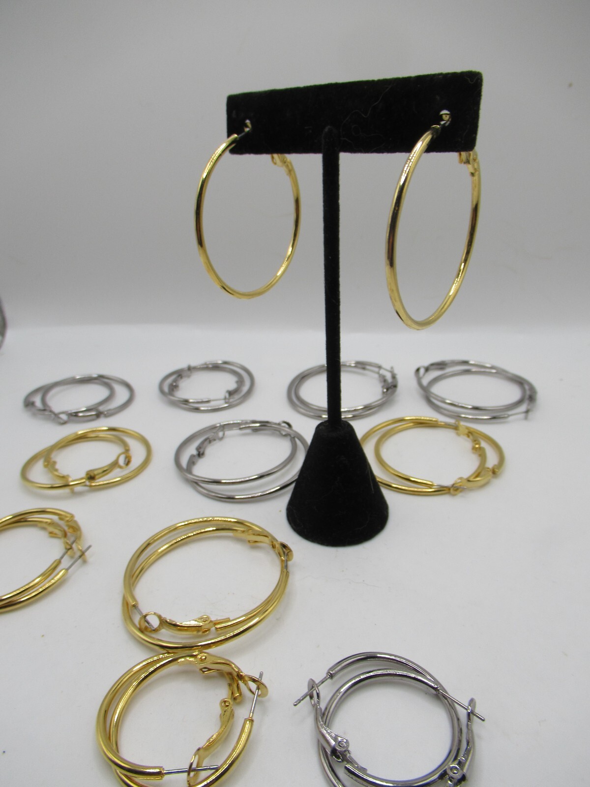 Vintage lot 12 pairs silver and gold plain hoop pierced earrings assorted sizes