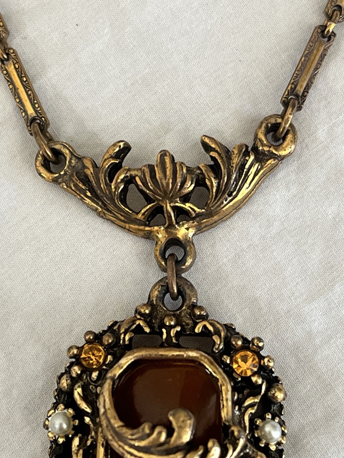Vintage Amber Necklace with Filigree Detail Victorian Art Nouveau Czech Style