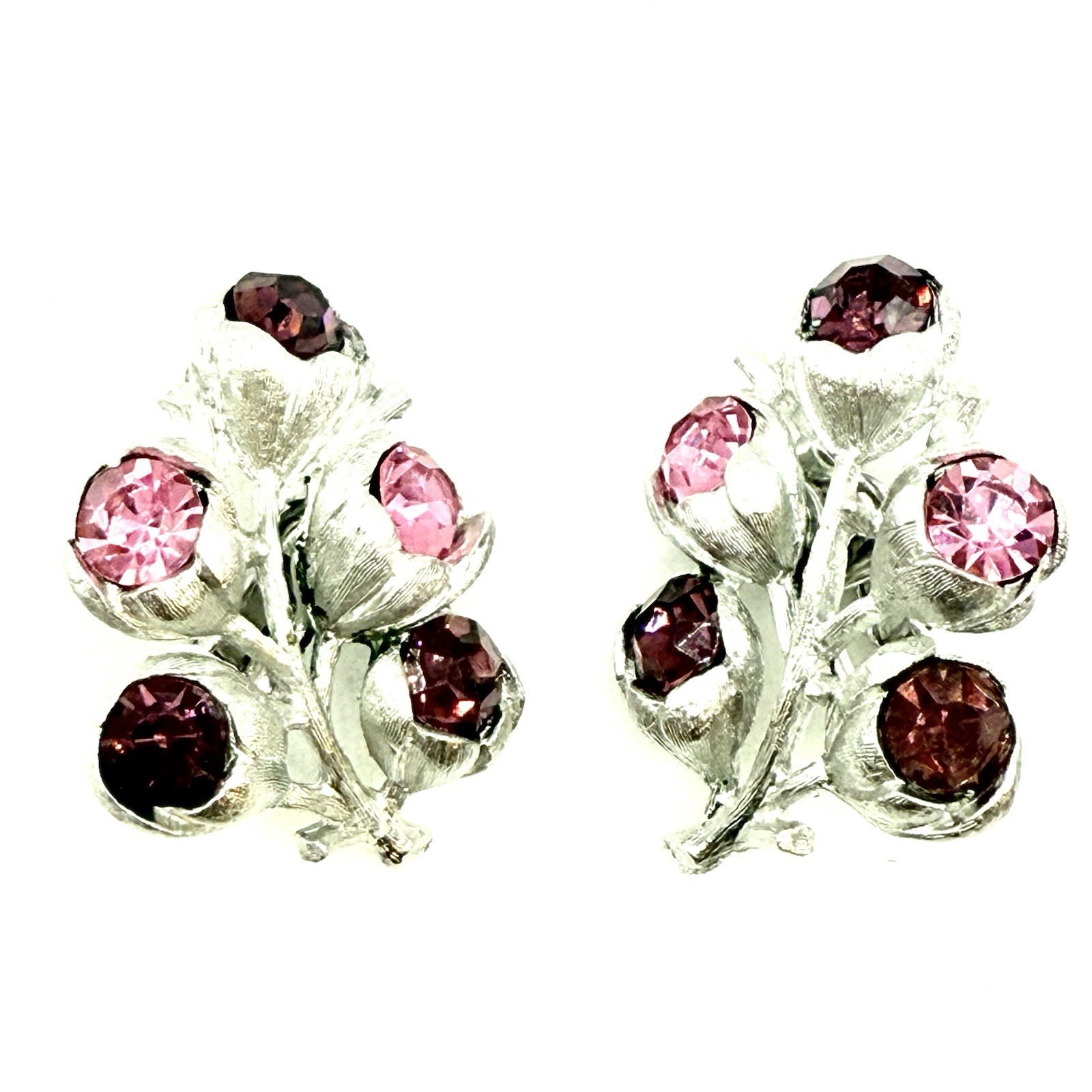 Vtg Sarah Cov Silvertone Wisteria Earrings Clip On Purple Pink CZ Spray