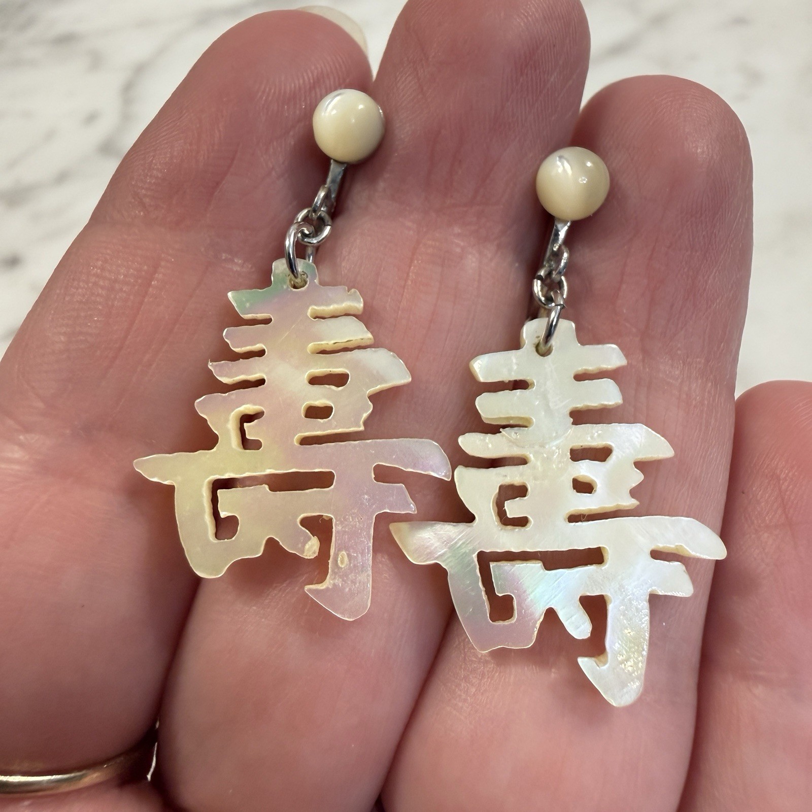 Art Deco Sterling Silver Mother of Pearl Chinese Screw Back Earrings Dangle