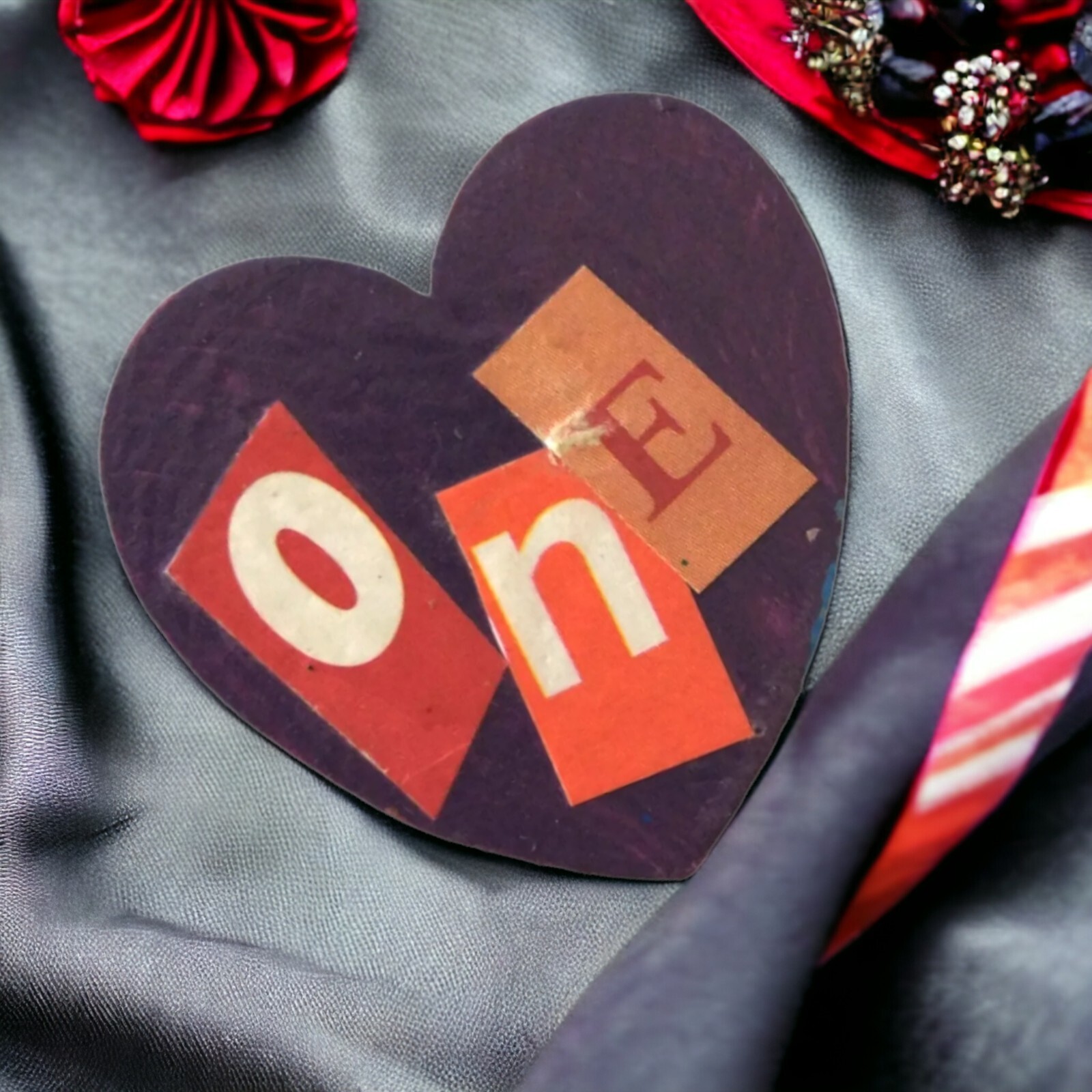 One Love Heart Brooch Pin Handmade Wooden Painted Valentine Mod Podged Eclectic