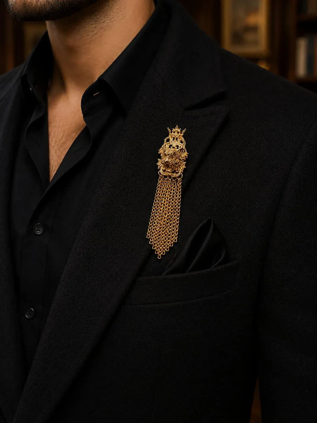 Gold Lion Head Tassel Brooch Pin | Royal Crown Lapel Pin for Men, Vintage Statem
