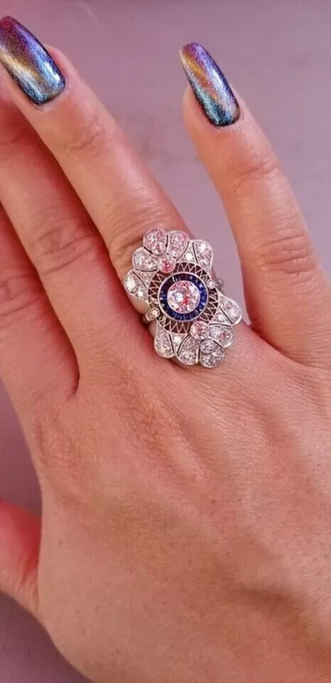 Art Deco Style 3Ct Lab Created Diamond & Sapphire Wedding 14K White Gold FN Ring