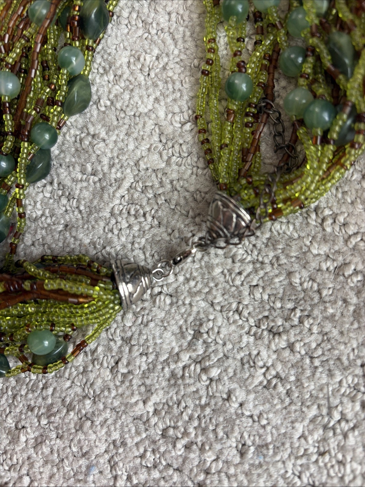 Multi Strand (25) Seed Bead Necklace 16” Choker Green and Brown Beads