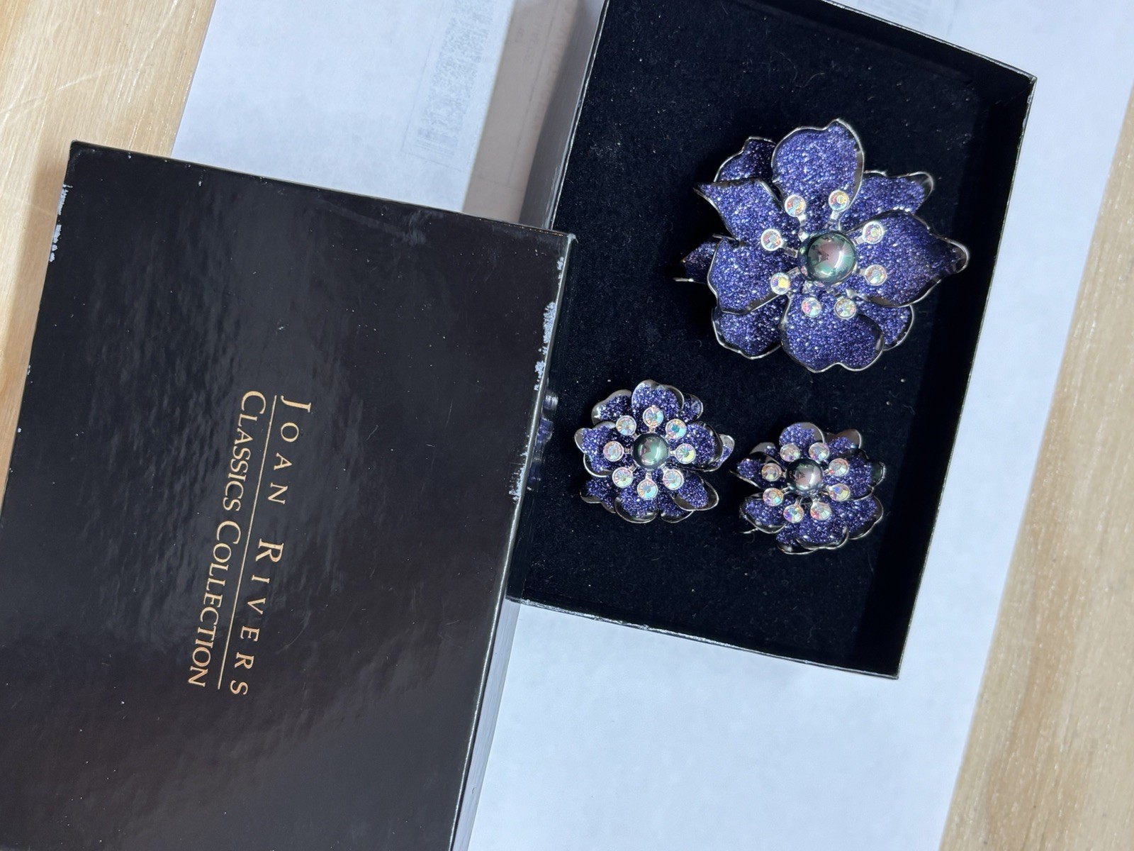 Vintage Joan Rivers Faux Tahitian Pearl Purple Fantasy Flower Brooch Pin Set