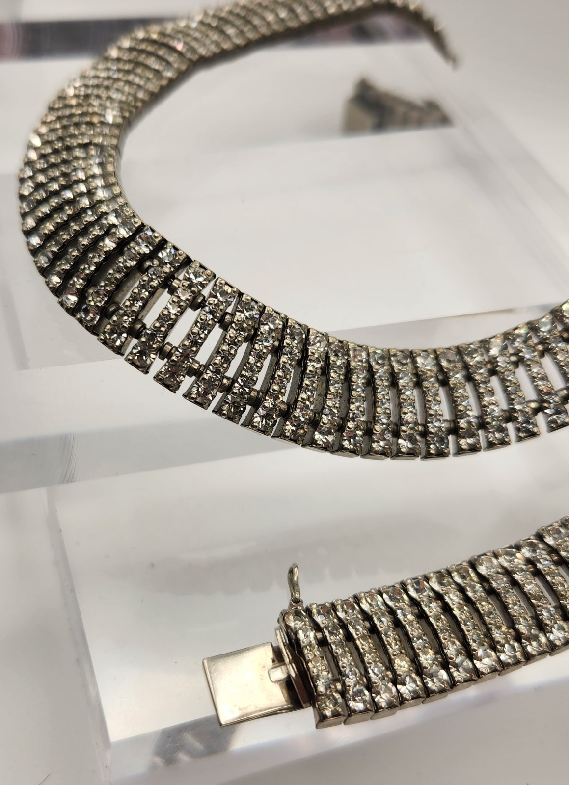 Vintage Rhinestone Choker Necklace Bracelet Set Clear Crystal Collar Bridal 16″