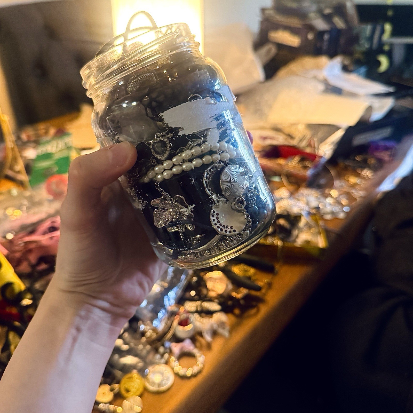 Huge Gothic Vintage Jewelry Jar Silver Tone Pearls Victorian Dark Romantic Mix