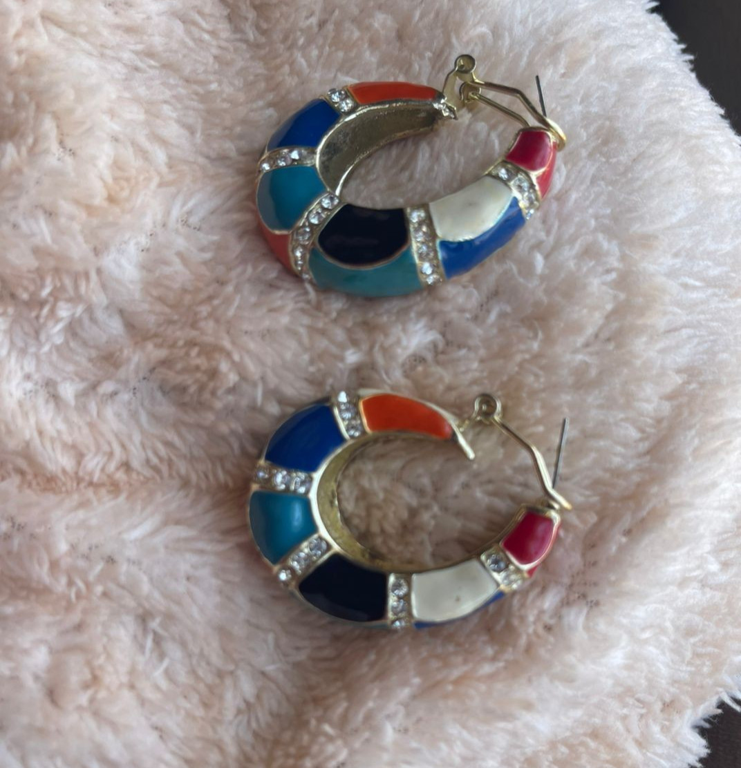 Chunky Multi Color Enamel Hoop Earrings Rhinestone Crystal Gold Tone