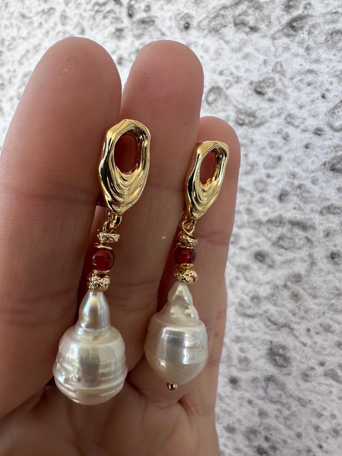 White Baroque Pearl Earrings With Carnelian Accent, Melting Lever back