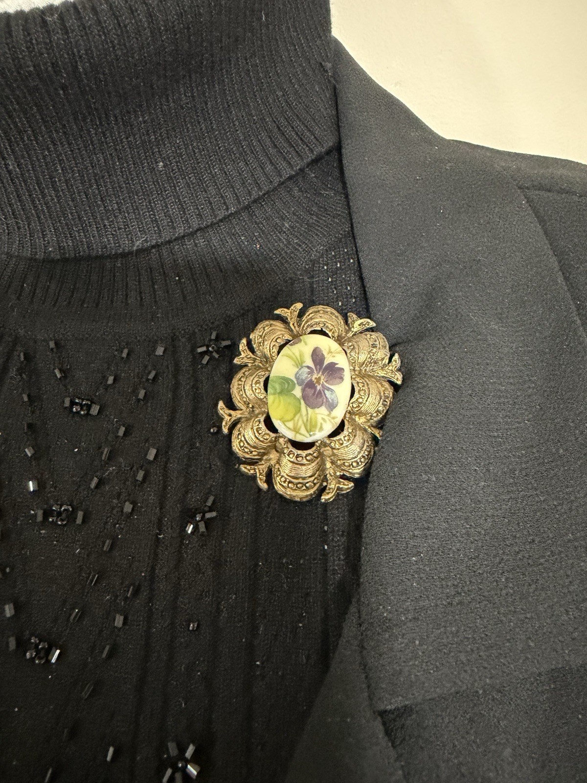 Vintage Victorian Revival Floral Porcelain Purple Violets Cameo Style Brooch