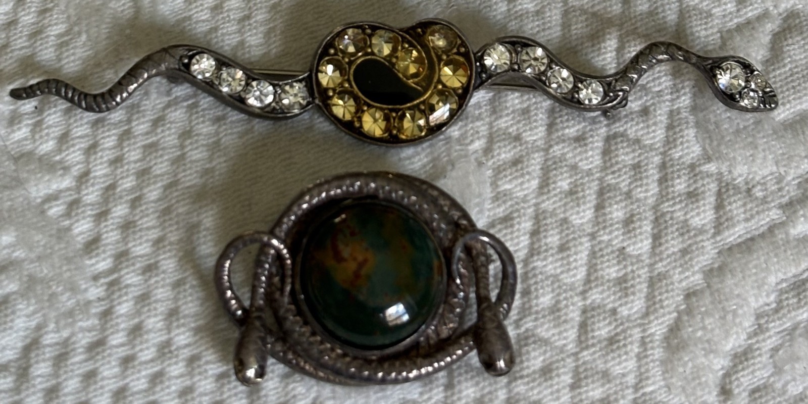 VINTAGE STERLING AND SILVER SNAKE BROOCHES (2) W/TURQUOISE AND ONE W/RHINESTONES