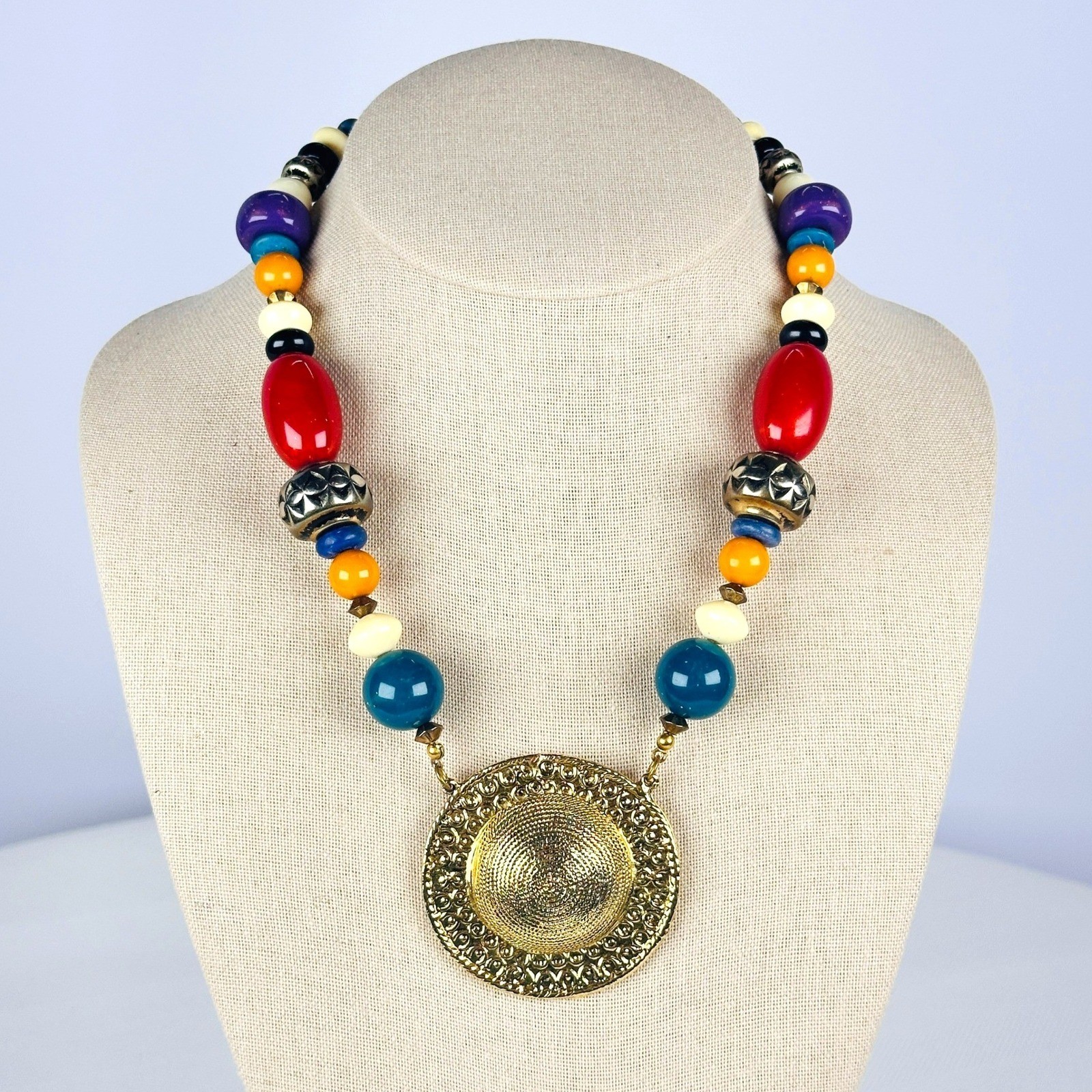 Carol Dauplaise Vintage Designer Multicolor Bead Gold Medallion Necklace Boho