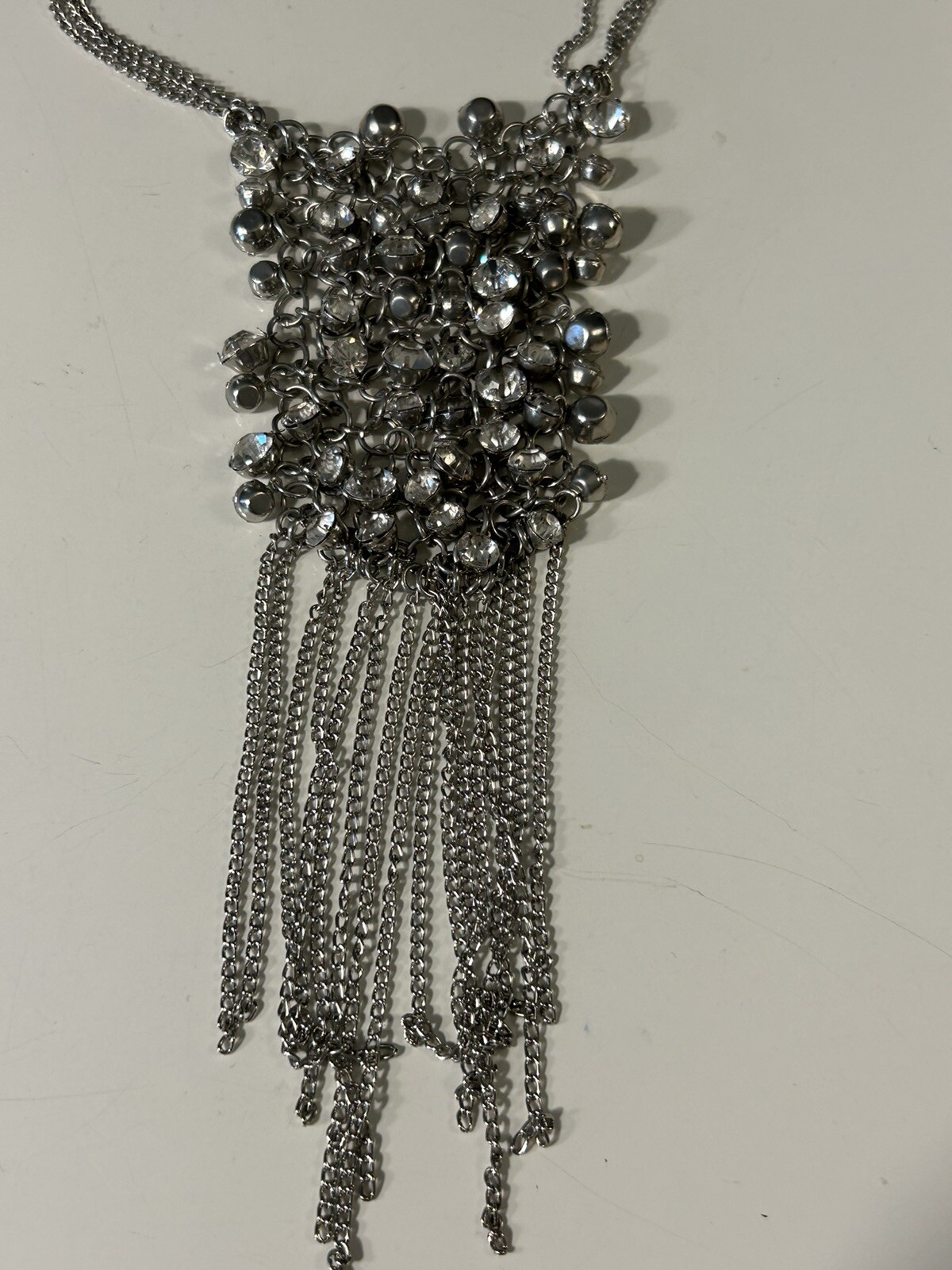 Vintage Silver Toned Bib Necklace with Multiple Rhinestones & Tassels