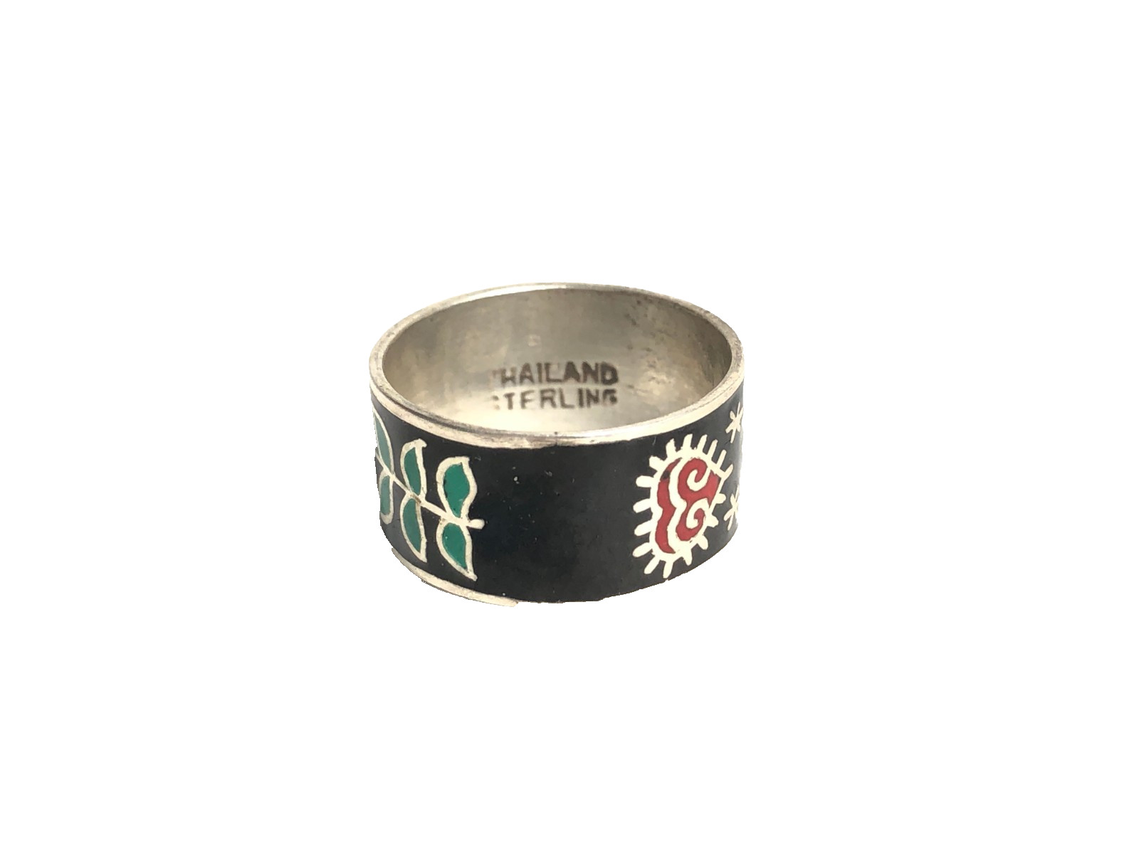 Siam Ring Band Enamel Cloisonne Heart Flower Sterling Silver Vintage NOS Sz 7.25