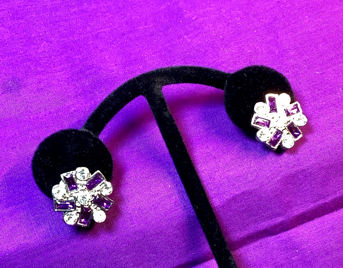 AAA 1980s Purple & Clear Faceted Rhinestone Statement Pierced Earrings E49