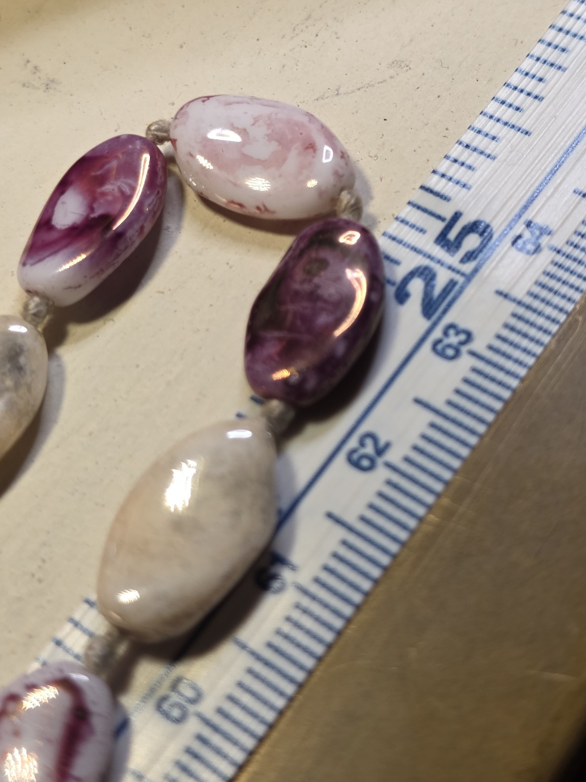 Vnt,purple/cream Swirl Glass Beaded Necklace,25 In