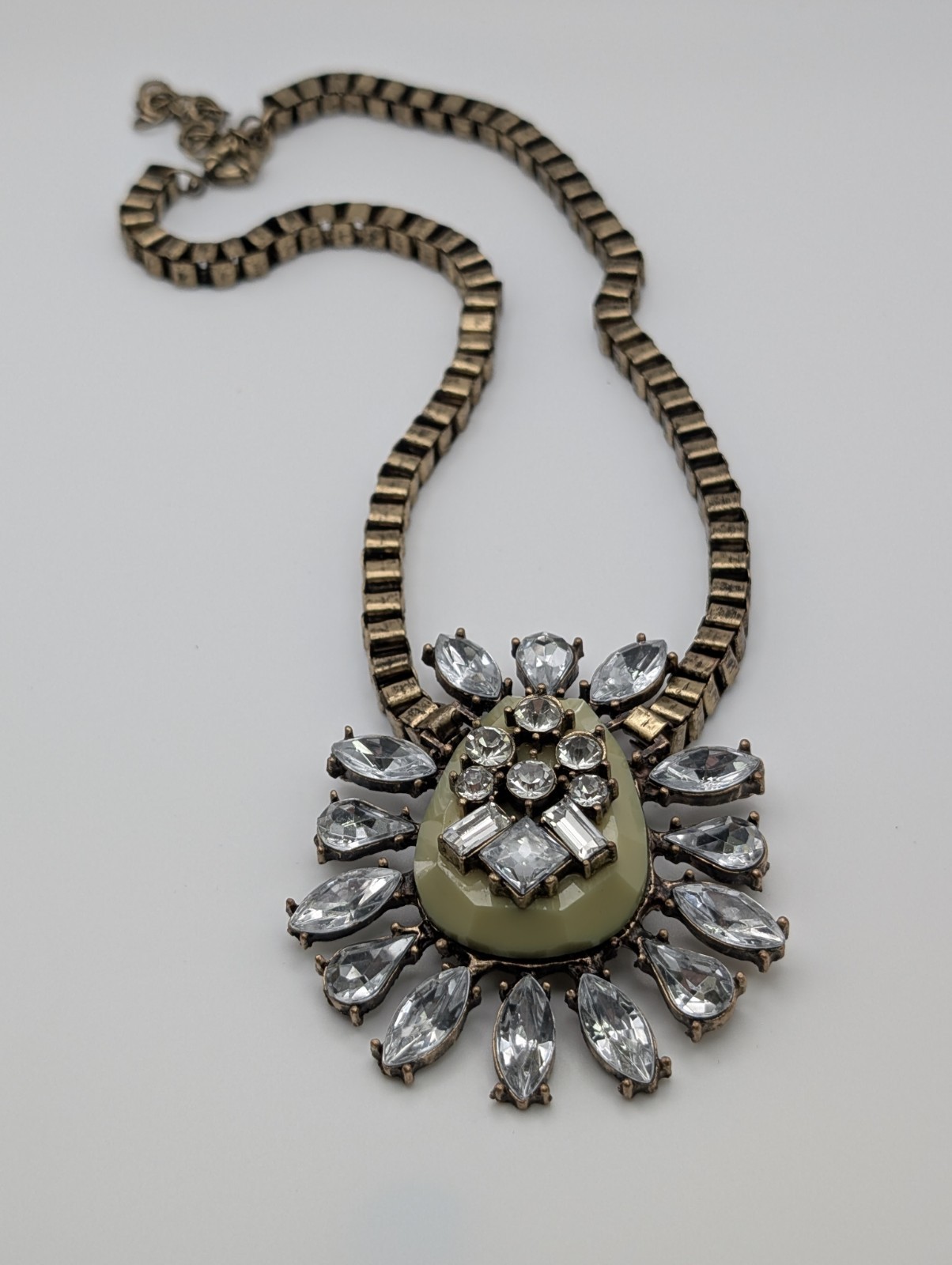 Vintage Statement Necklace Clear Rhinestones Antique Gold Tone Large Pendant