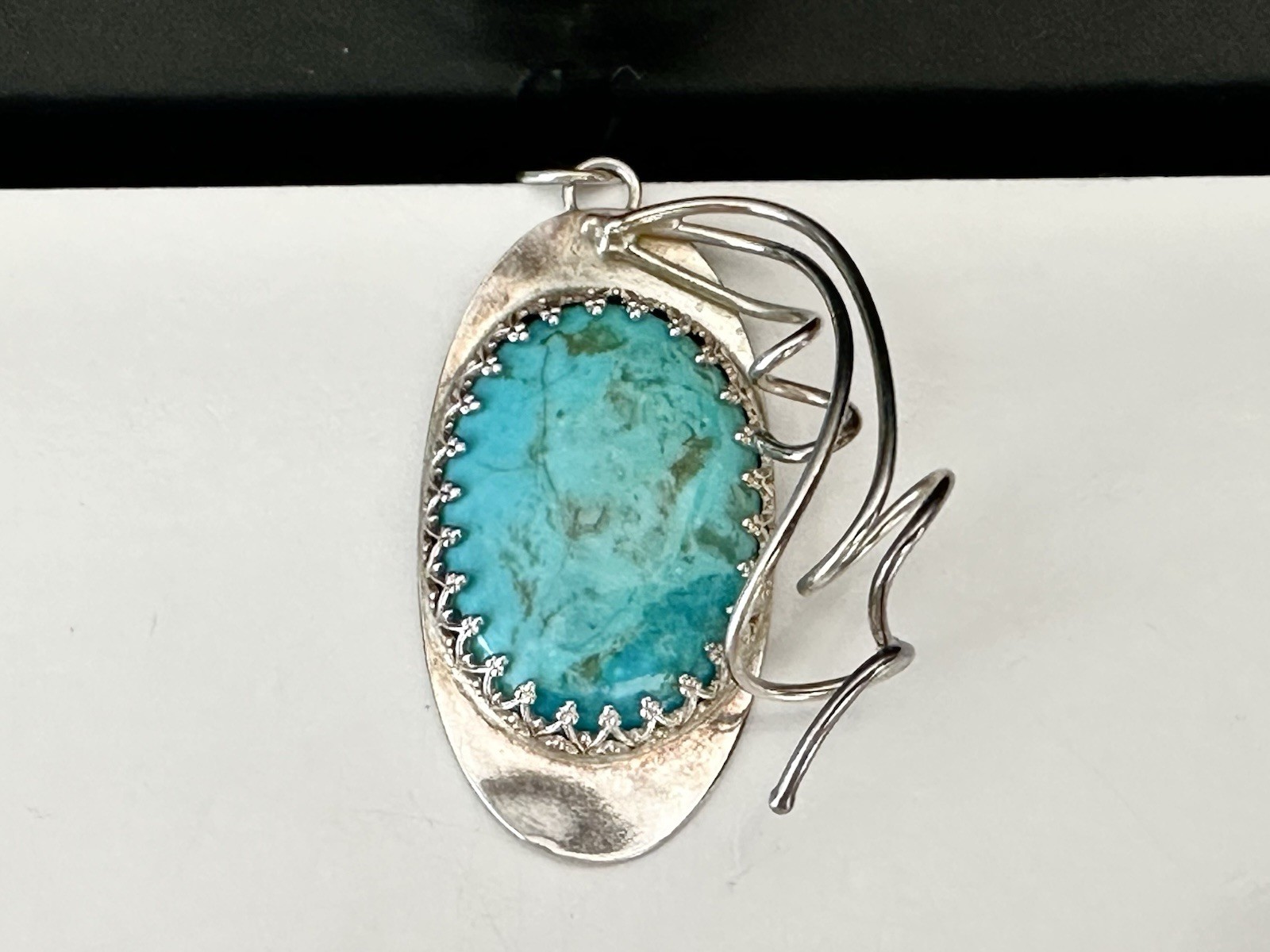 Sterling Silver 925 Abstract Turquoise Vintage Modernist Retro Pendant Handmade