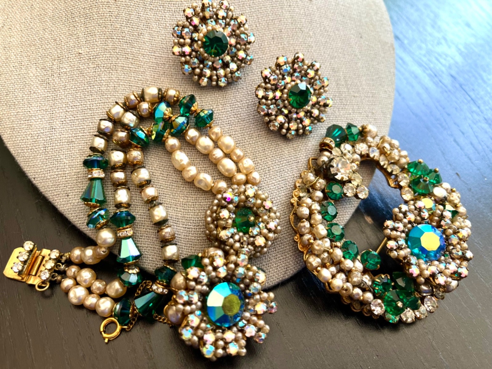 Incredible Vintage 40’s Robert Bracelet Brooch Earrings Pearls Glass Beads etc