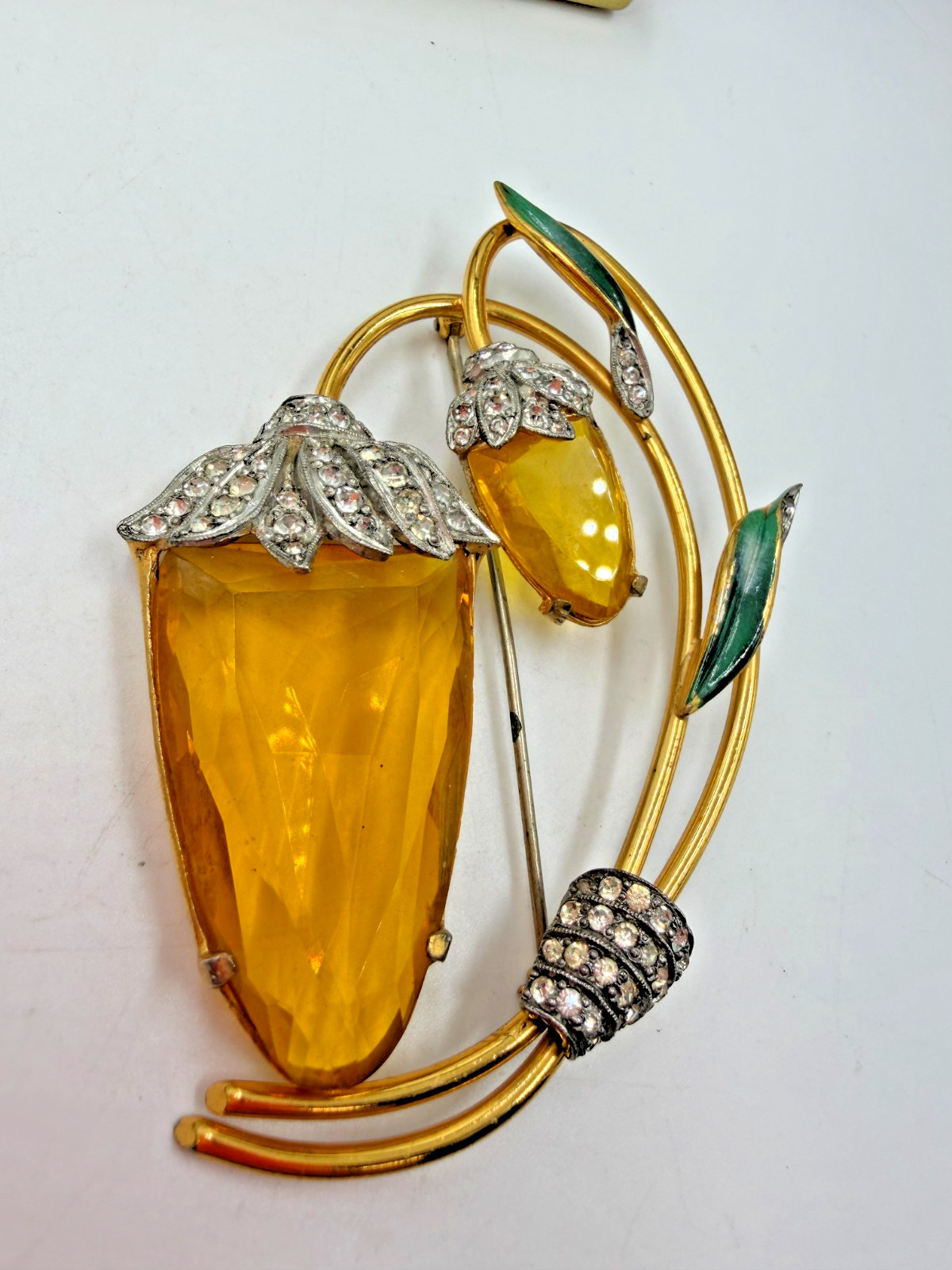 Vintage Brooch Estate Flower Lantern Simulated Citrine Rare Large Unsigned LX