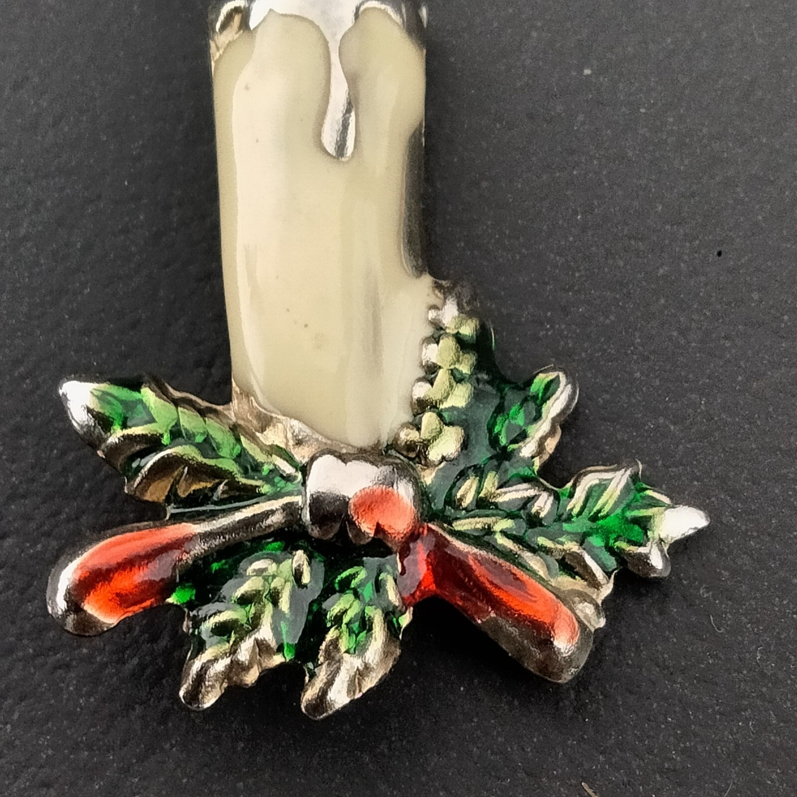 Christmas Candle Pin Brooch Vintage Holiday Jewelry Pine Bow Ribbon Metal Enamel