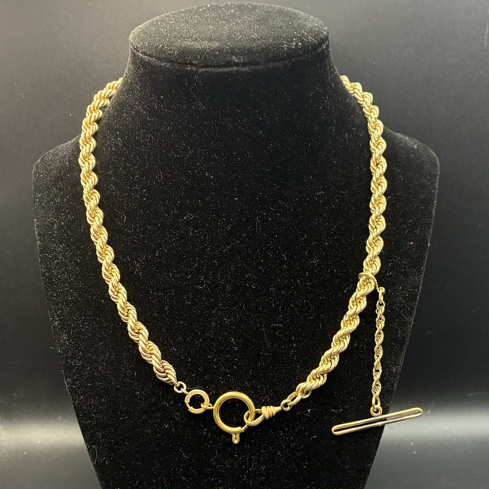 30g Vintage 12k Gold Filled Pocket Watch Chain FOB, Dog Clip T-Bar, GF Guilloche