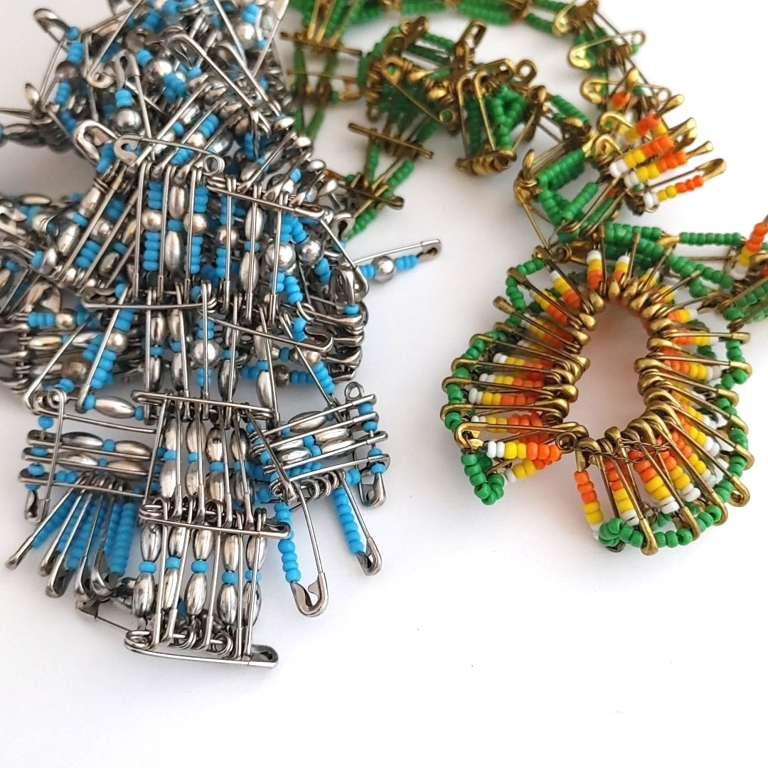 2 Vintage Safety Pin Beaded Necklaces Southwestern Style Blue Green Lot