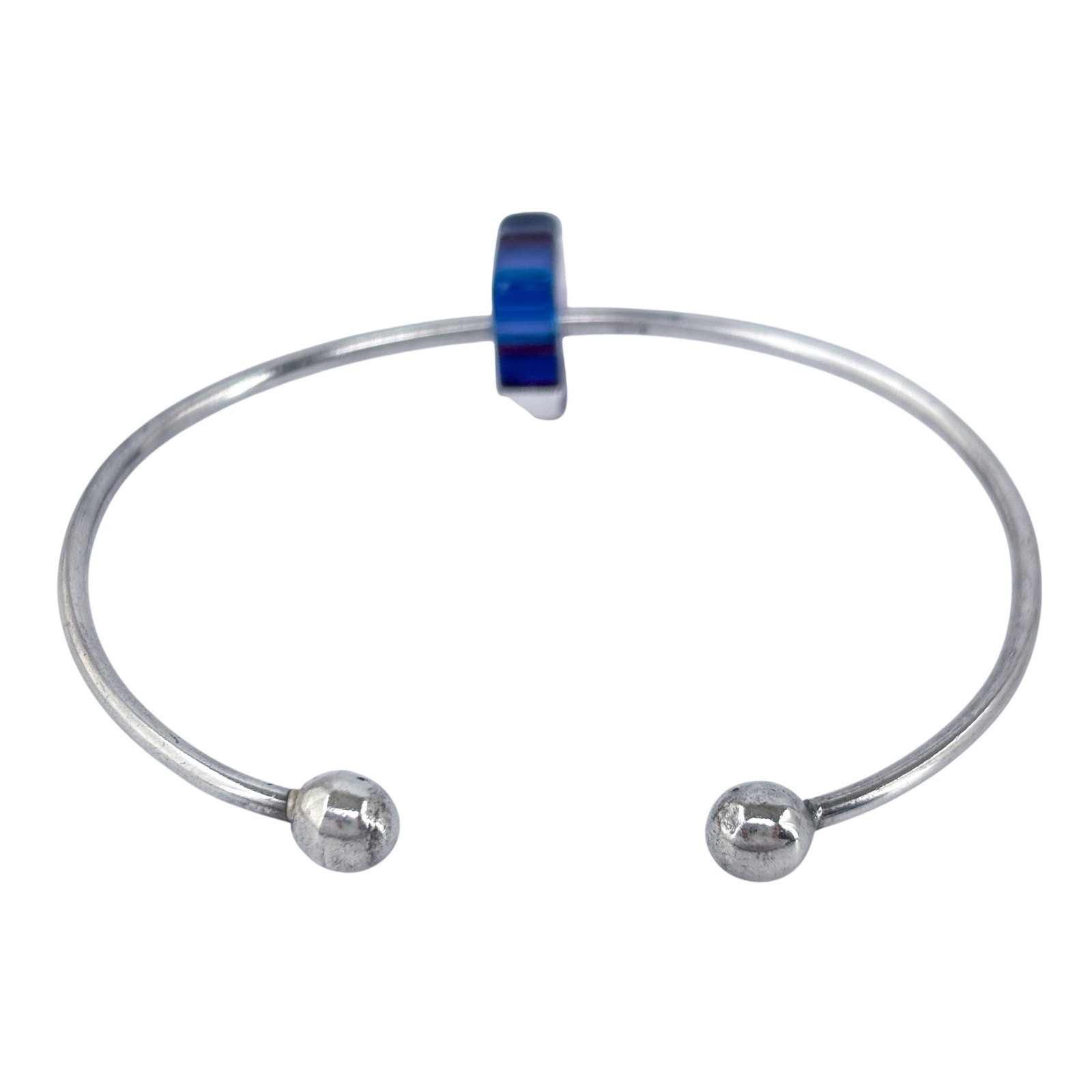 Ball Tip Cuff Bracelet | Purple Glass Charm | Vintage Sterling Silver 925 | 6.5″