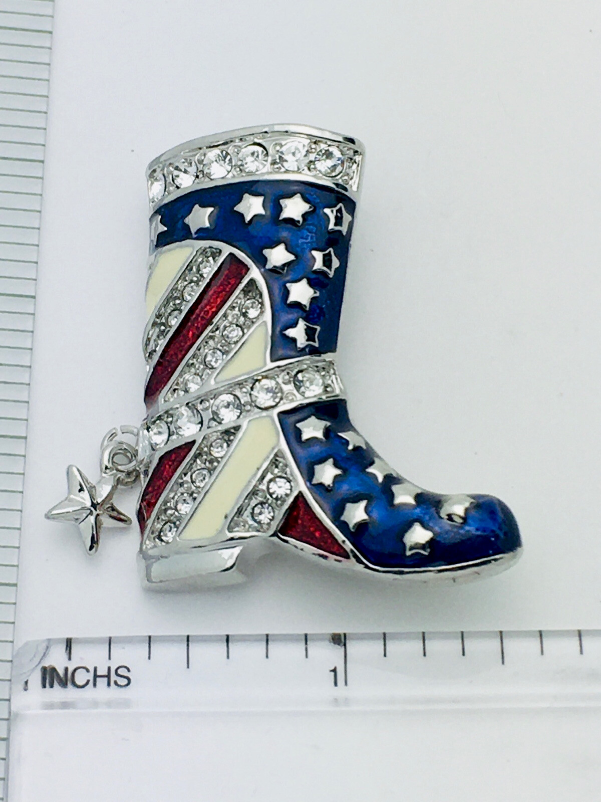 Patriotic Enamel Crystal Boot Pin American Brooch Red White Blue Brooch