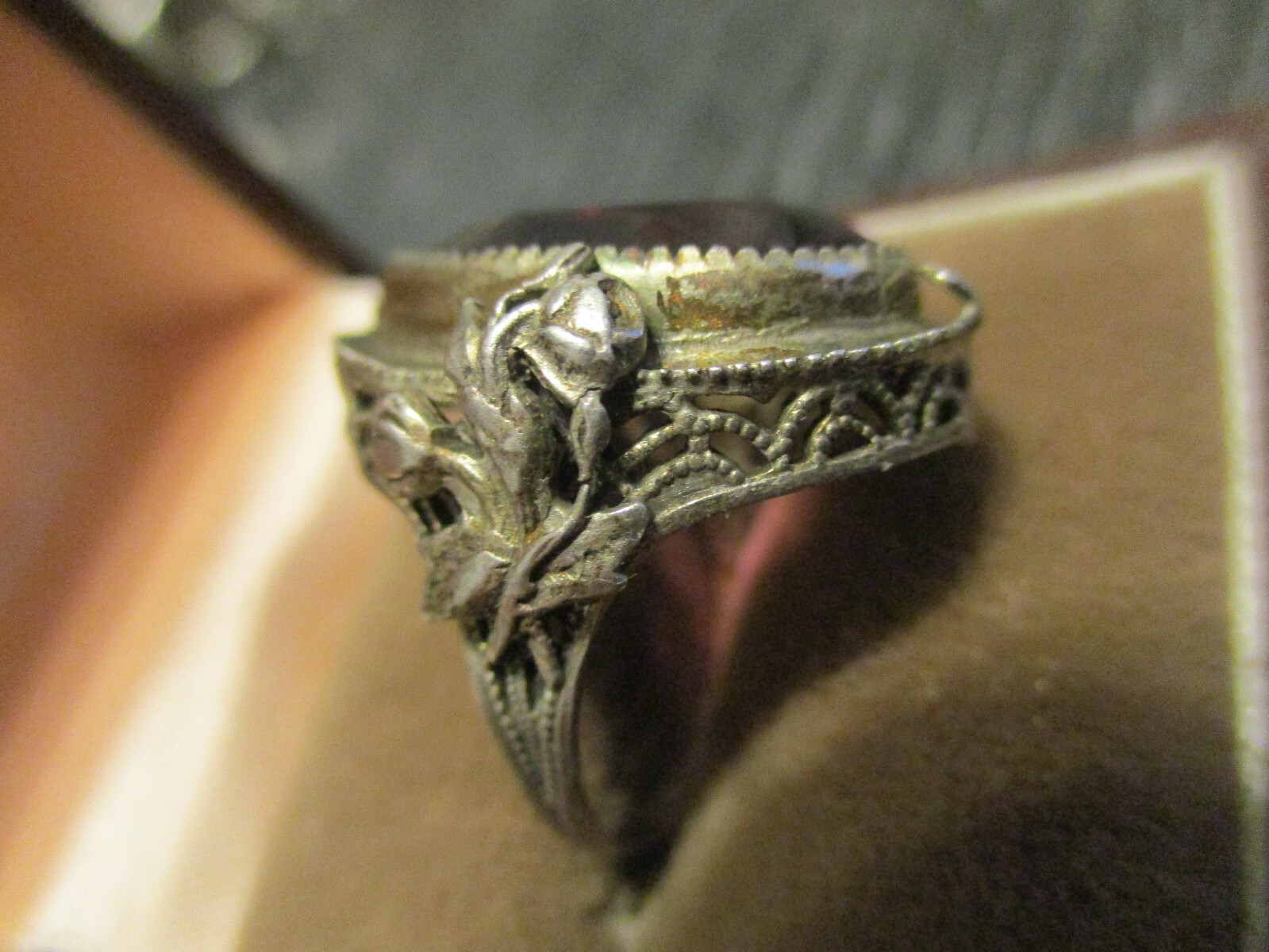 Antique Faux Amethyst Glass Sterling Silver Rose Filigree Cocktail Ring Size 6.5