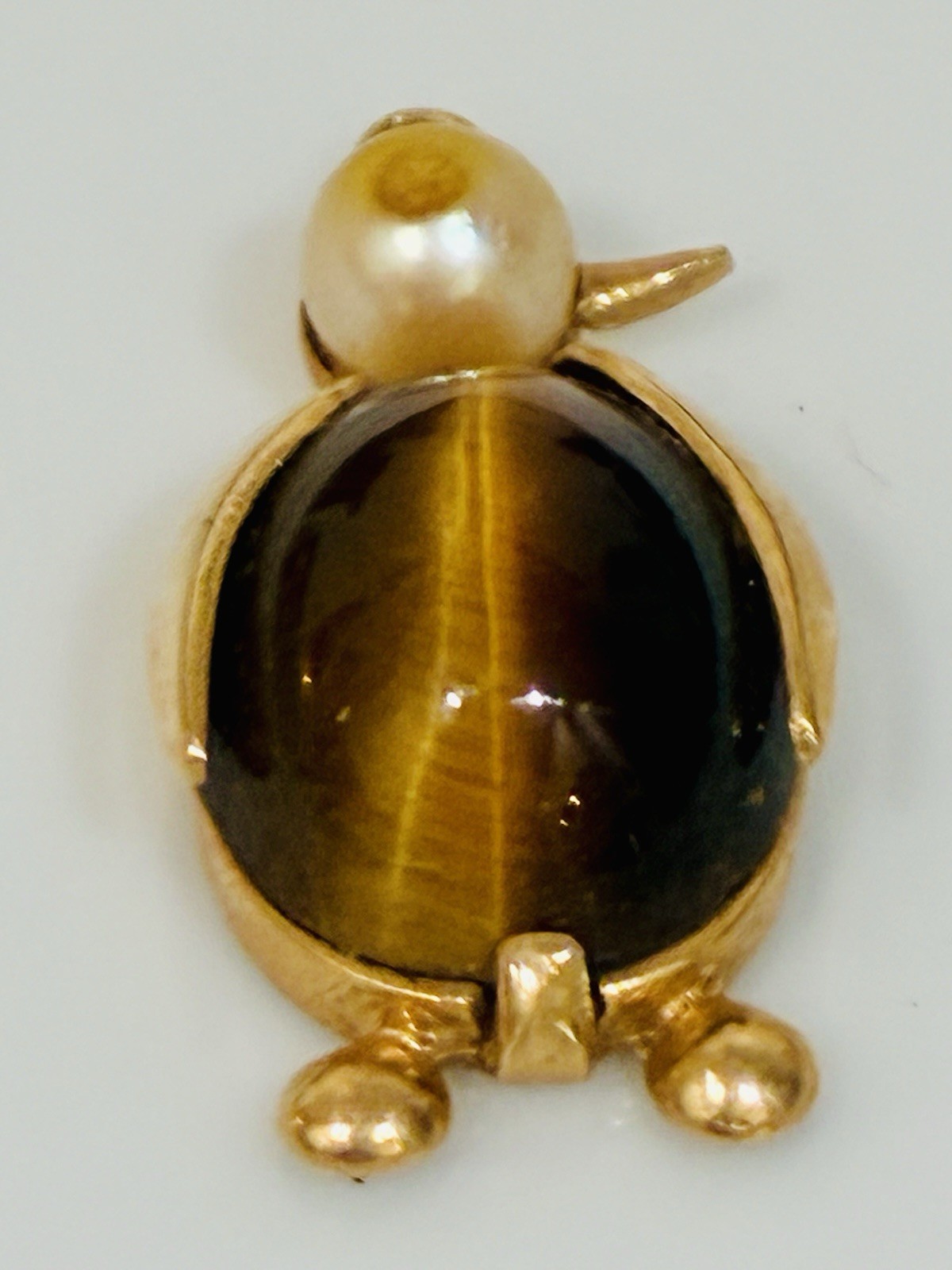 Vintage 10k Yellow Gold Penguin Tigers Eye Accent Pendant