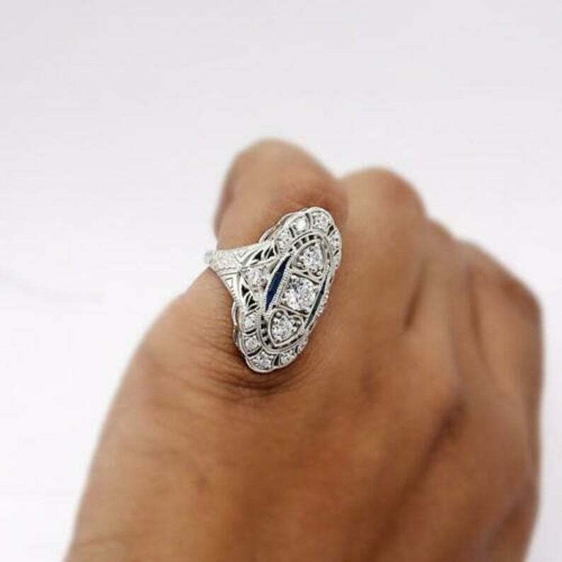 Art Deco Style Lab-Created Diamond & Sapphire Engagement Ring 14K White Gold FN