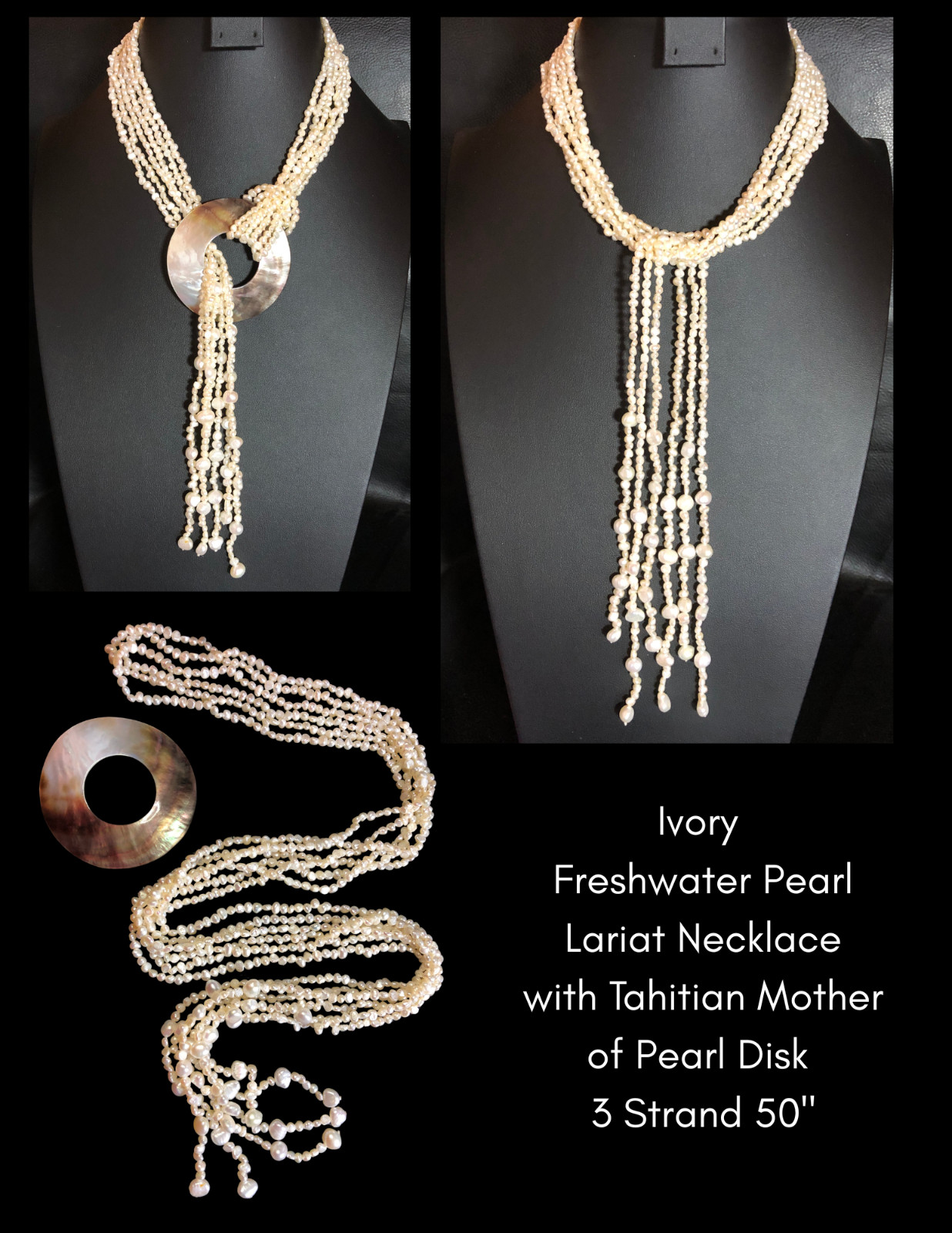 Genuine Cultured Pearl Lariat Necklace Tahitian Mother of Pearl Disk 50″ 8487