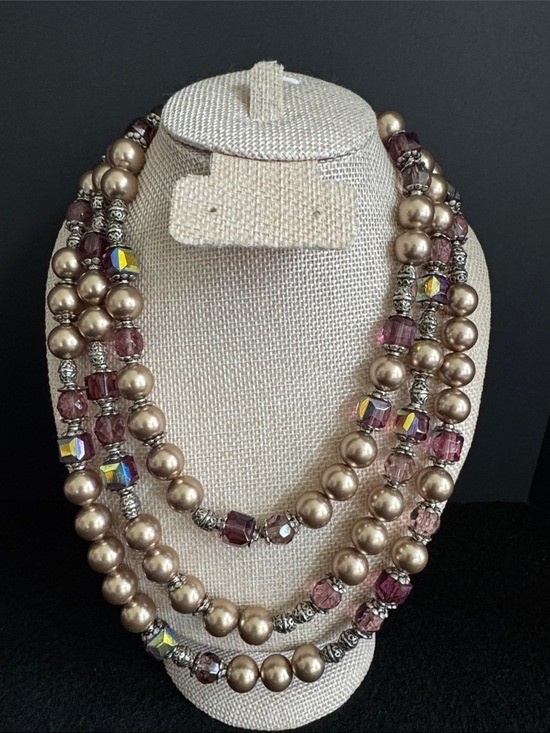 VTG 1950s Japan Triple Strand Faux Pearl and Crystal Necklace – Yasha