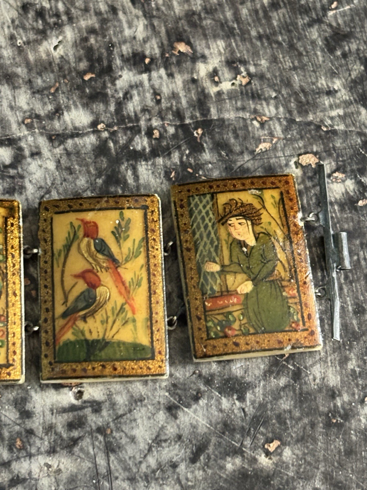 Antique Persian Hand Painted 8-Panel Story Bracelet on Bone Pin & Barrel Lock