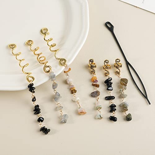 Hair Jewelry Dreadlock Accessories, Natura Stone Hair Charms for Black, 6Pcs