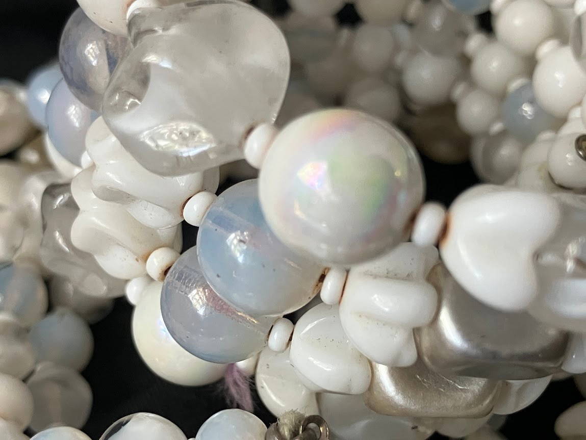 Vintage White Glass Beaded Necklace Bracelet Set Opalescent MCM Bridal