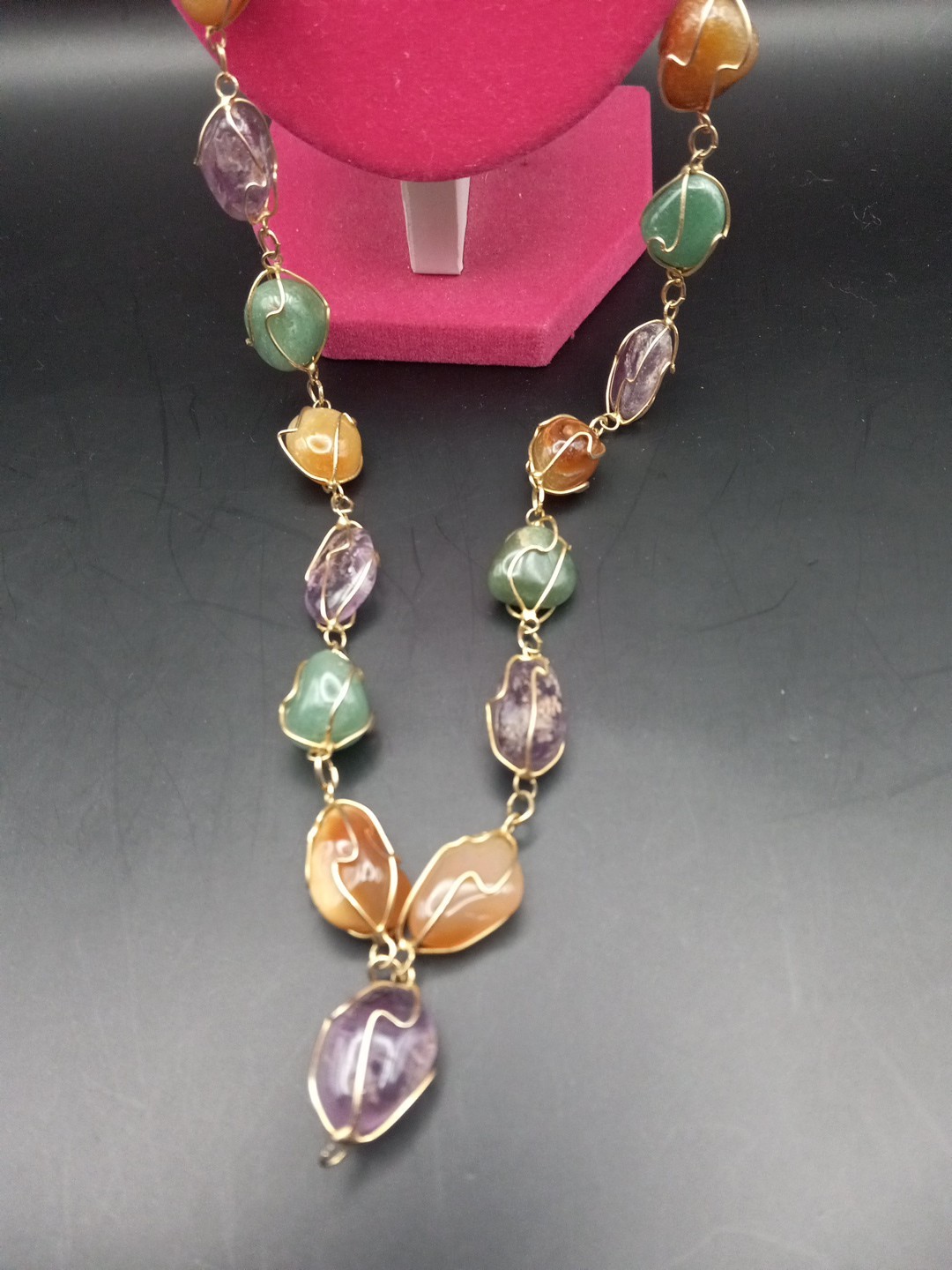 Vintage Amethyst, Jade Agate, Carnelian Goldgilt Wire Long Necklace