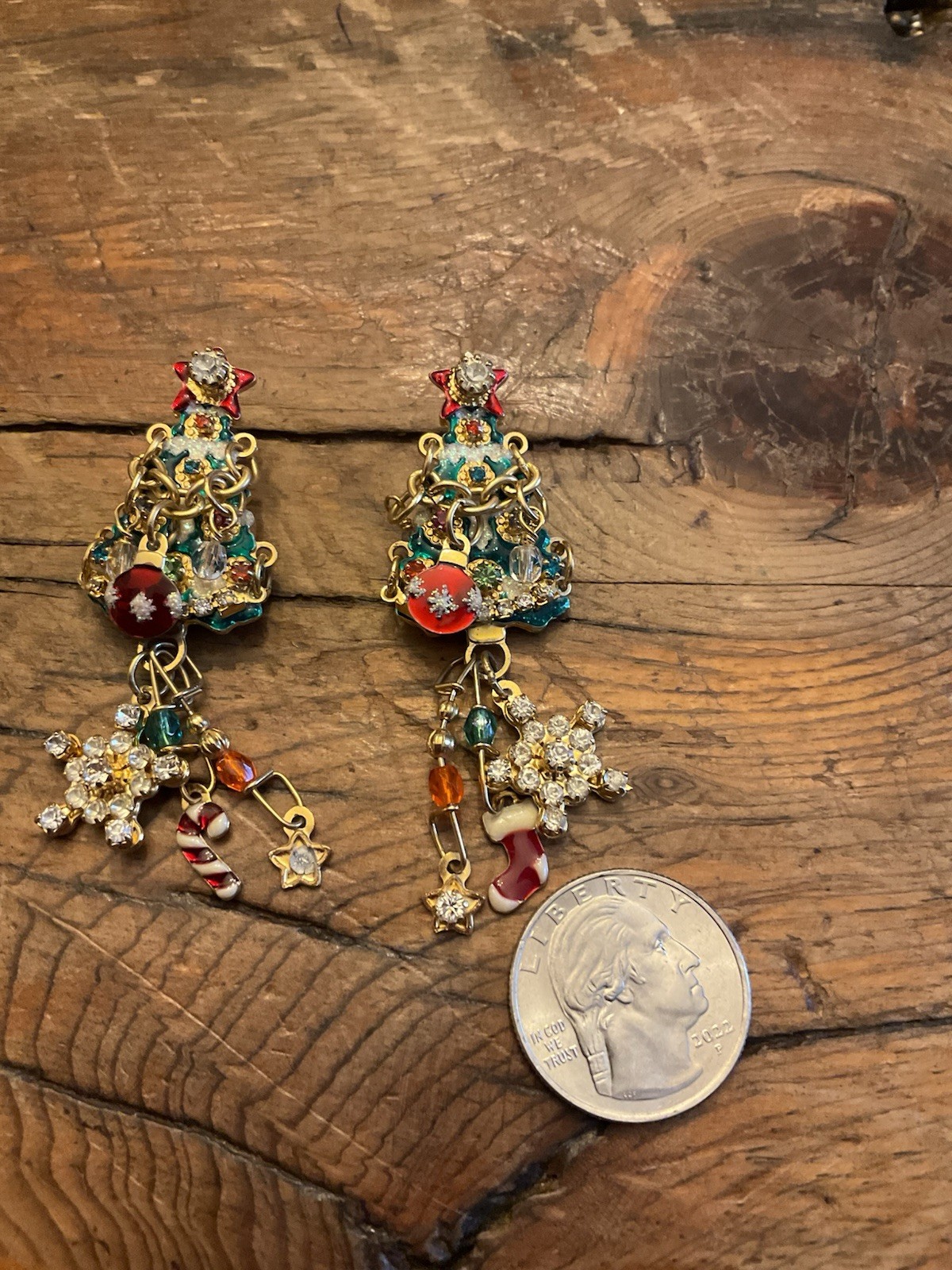 Lunch at the Ritz Christmas Tree Earrings Dangling Ornaments Gold Plated Pierced