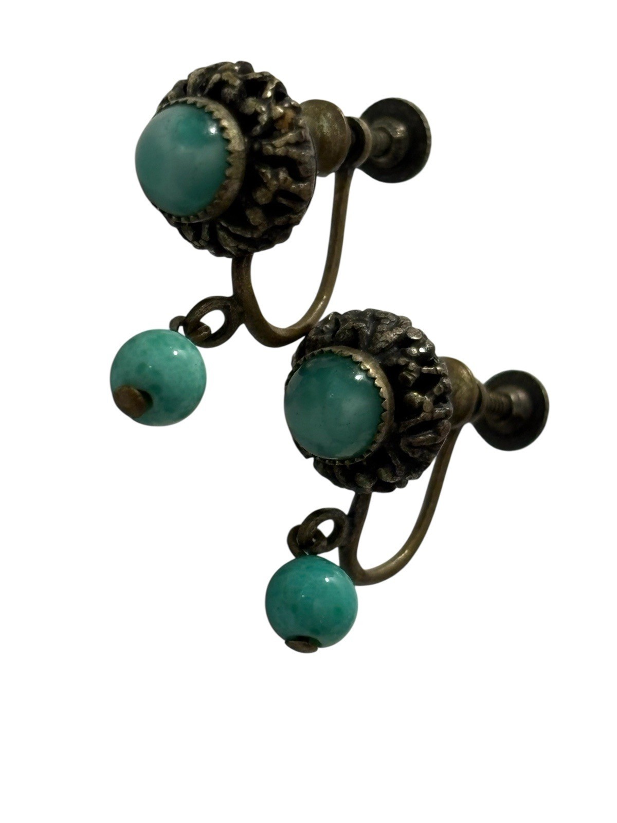 Vintage Marbled Teal Earrings Brass Tone Beaded Plastic Screw Back Dangle MCM