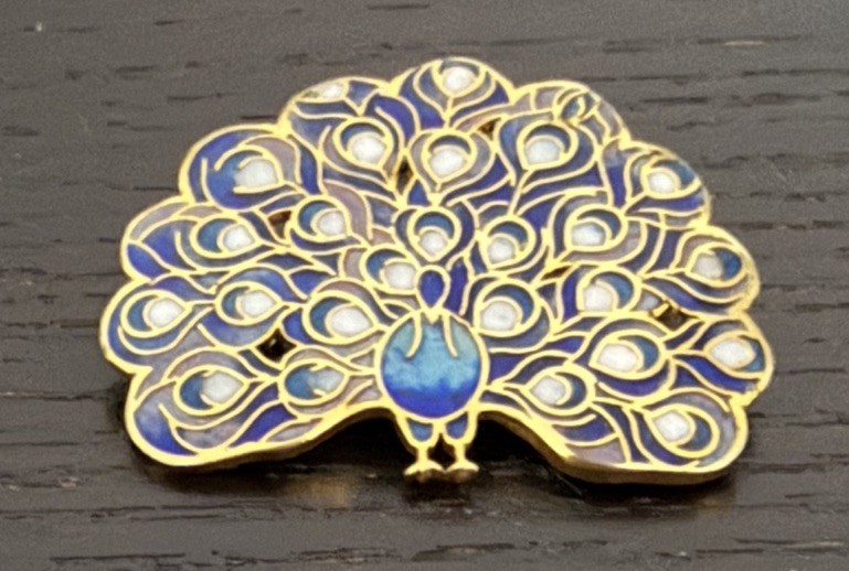 Vintage Cloisonné Peacock Brooch with enamel work and gold-tone accents