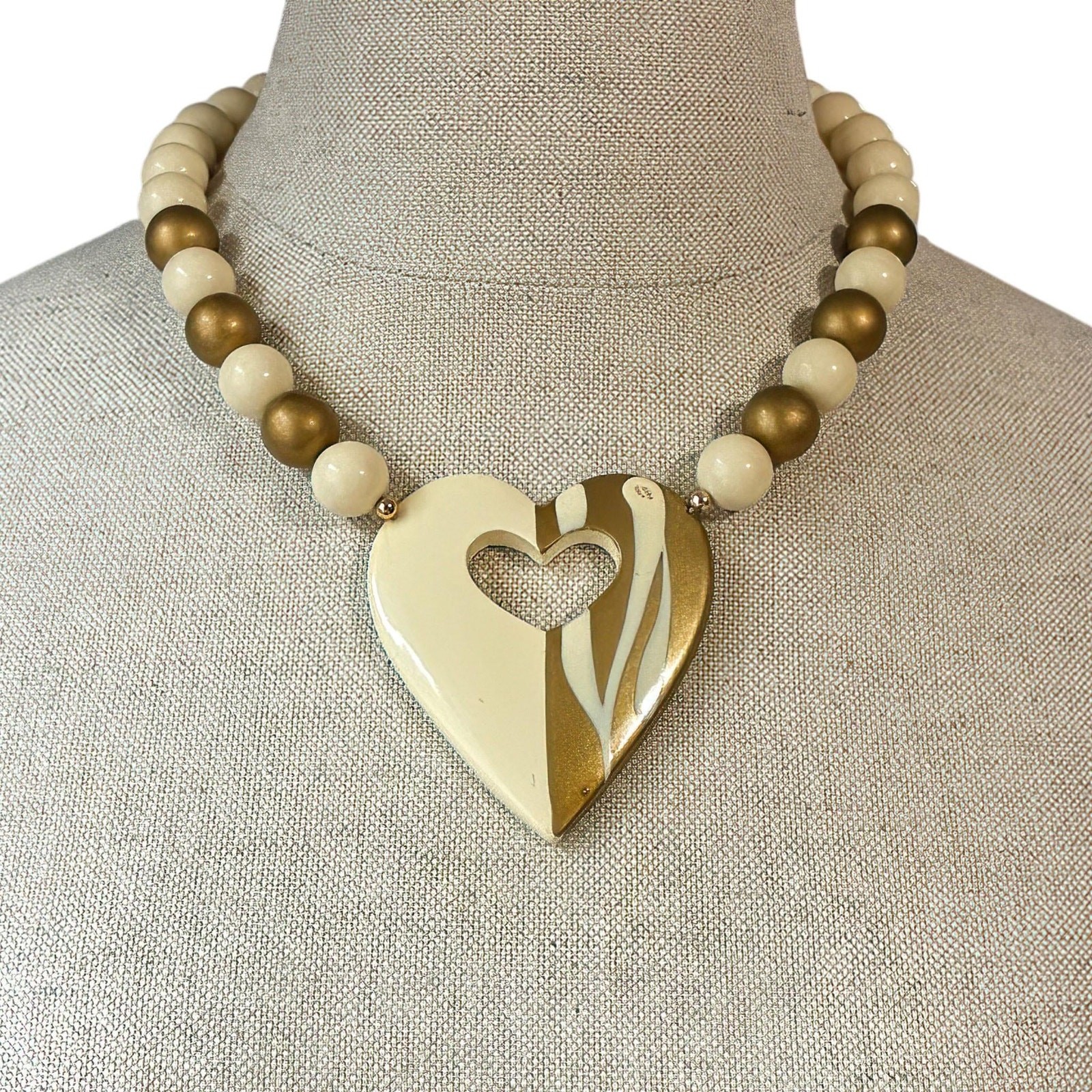 Gold Heart Statement Necklace, Cream Bead Chunky Jewelry, Gift for Her