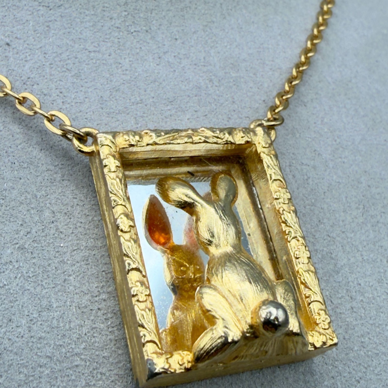 Vintage JJ Rabbit Looking In The Mirror Gold Tone Necklace Easter Spring 16″