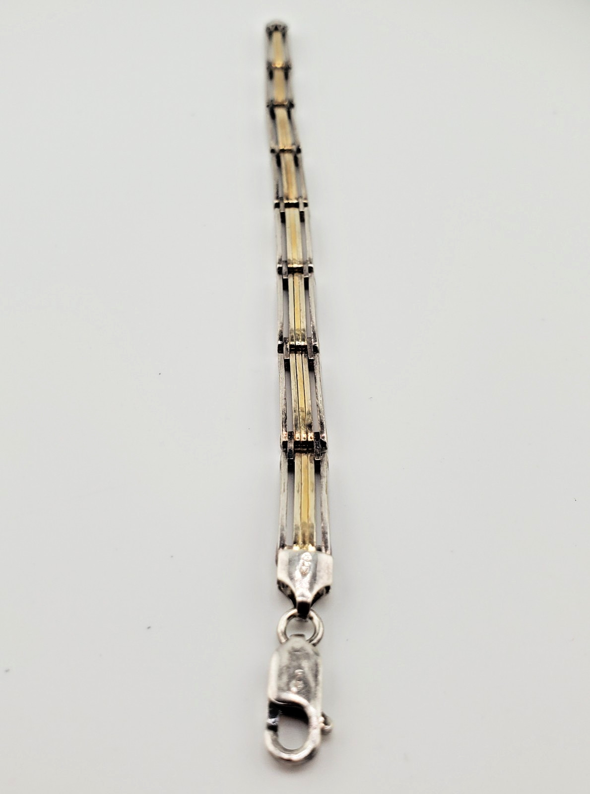 925 KI Two Tone Bar Link Bracelet 7in Unisex Sterling Silver 15g Vermeil Italy