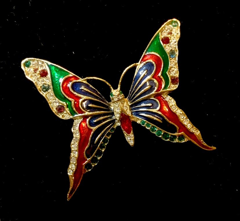 Vtg SPHINX Butterfly Brooch Pin Gold Tone Blue Enamel Rhinestone Signed A1376