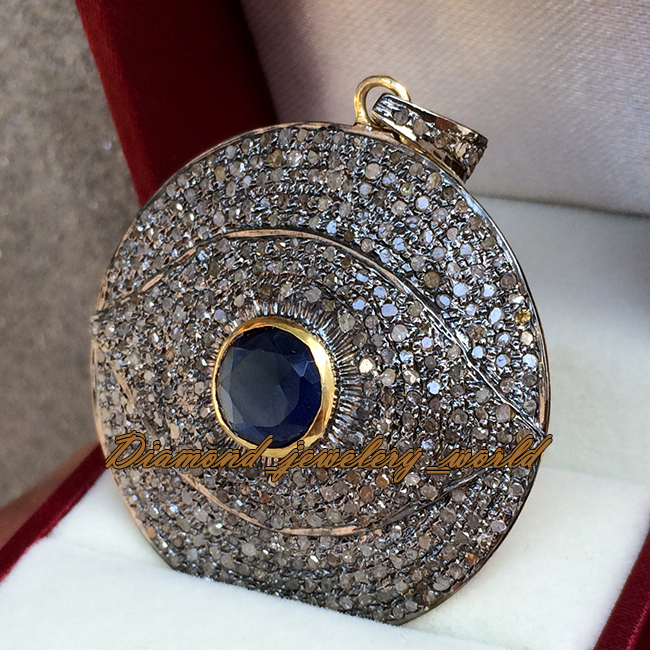 Estate 3.46ct Rose Cut Diamond Sapphire Silver Stunning Evil Eye Pendant Jewelry